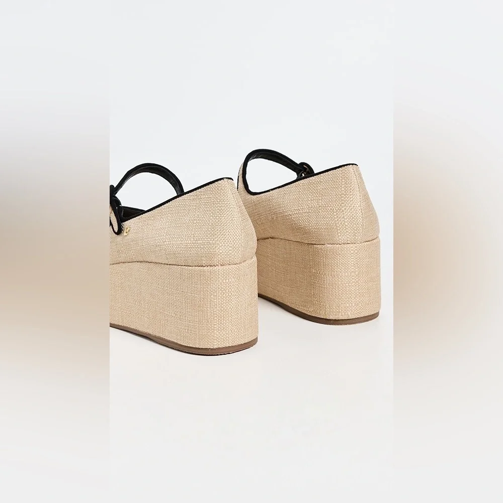 Larroude | Blair Platform Mary Jane Shoes In Raffia Beige Black Size 6.5 NEW